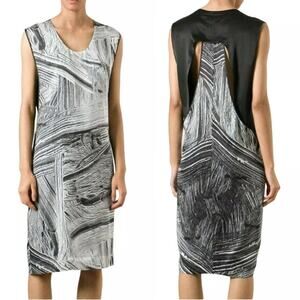 Helmet Lang 100% Silk Method Cutout Shift Dress Black Gray Marble Print P XS